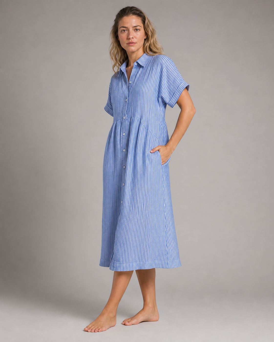 Corinne Striped Shirt | Women's Relaxed Button-Up Top — Blue — threequarter