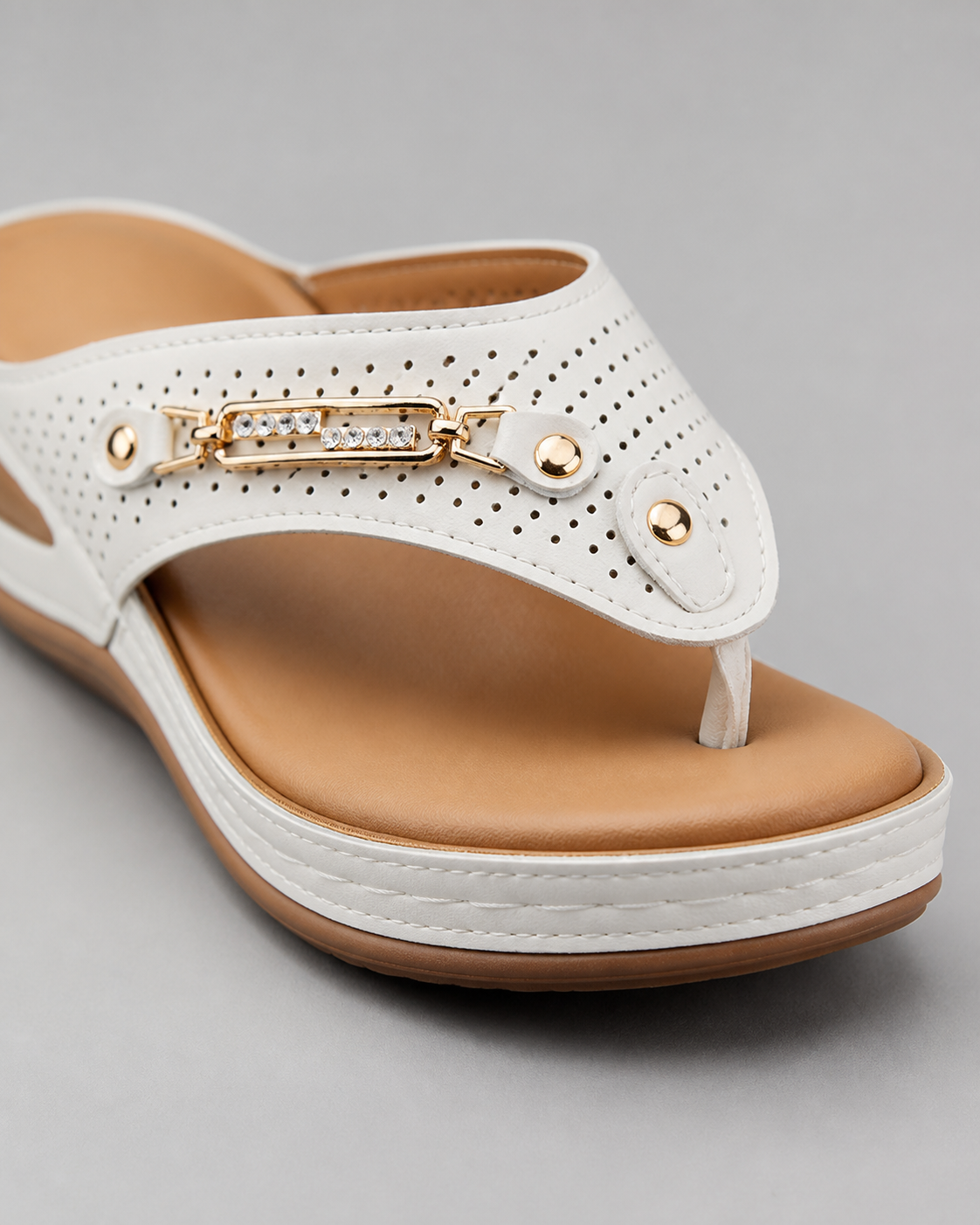 Nysa Embellished Thong Sandals | Women's Cushioned Wedge Sandals — White — macro