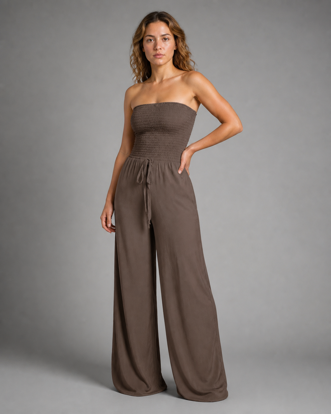 Bella Strapless Jumpsuit | Women's Wide-Leg One-Piece — Brown — threequarter