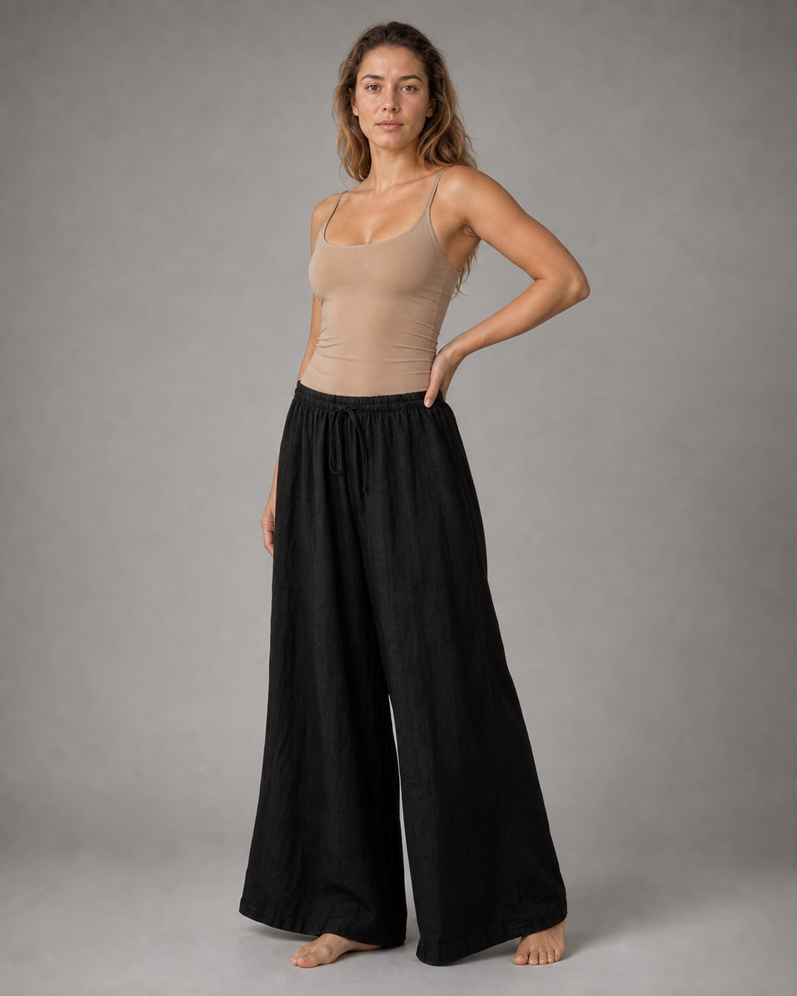 Sandra Drawstring Wide-Leg Pants | Women's Relaxed Trousers — Black — threequarter