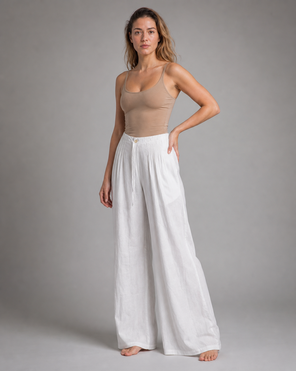 Annabelle Wide-Leg Palazzo Pants | Women's Drawstring Trousers — White — threequarter