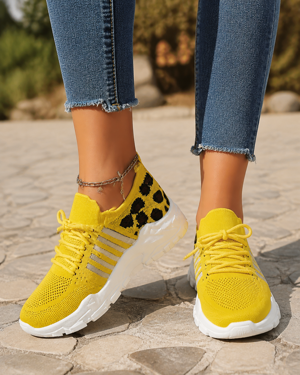 Aura Chunky-Sole Knit Trainers | Women's Lace-Up Mesh Sneakers — Yellow — onfoot