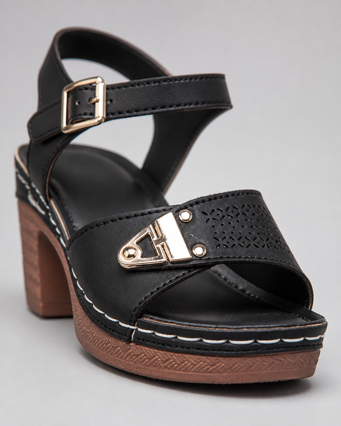 Amalfi Block Heel Sandals | Women's Strappy Buckle Heeled Sandals — Black — macro