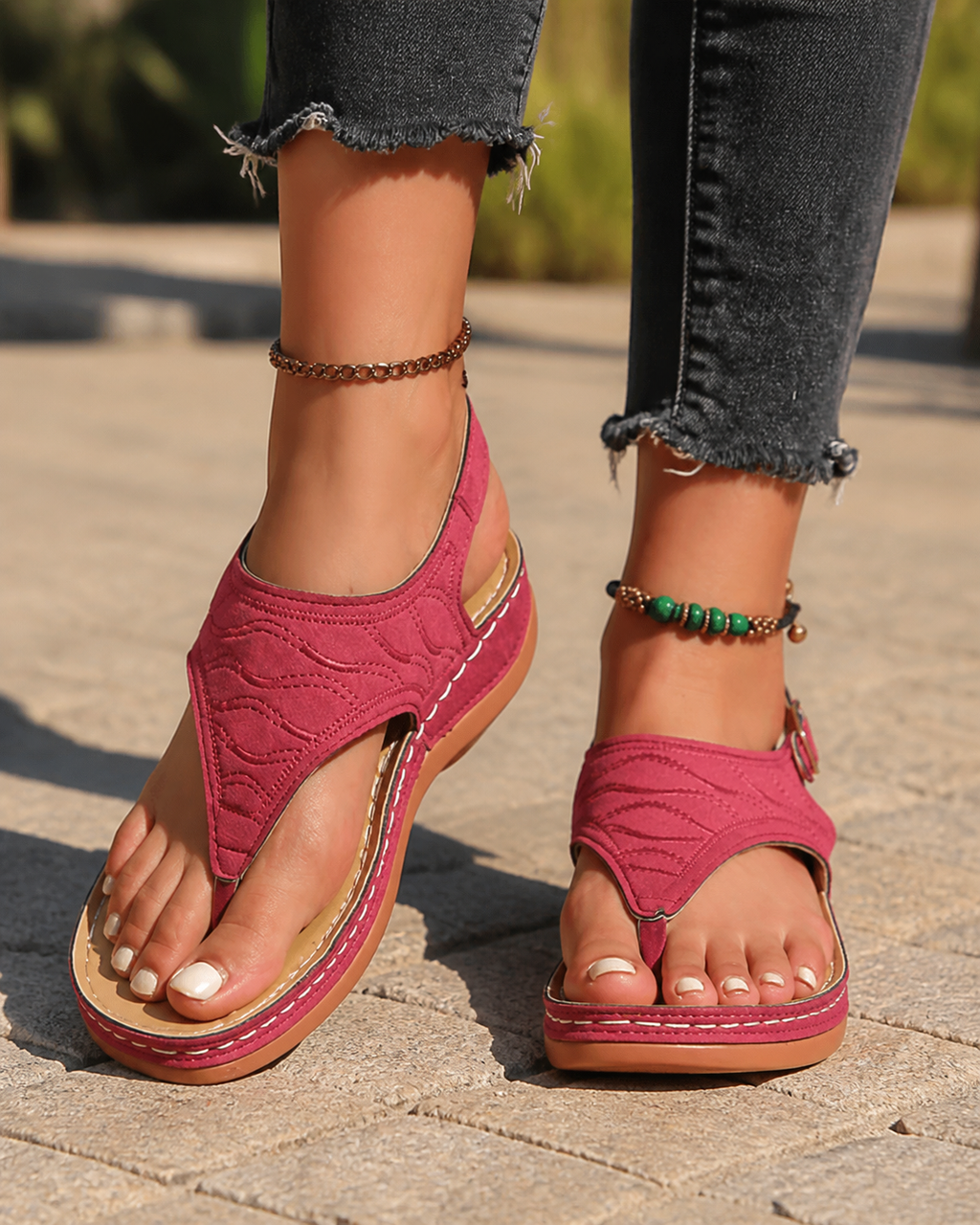 Alessia Cushioned Thong Sandals | Women's Comfort Summer Sandals — Red — onfoot