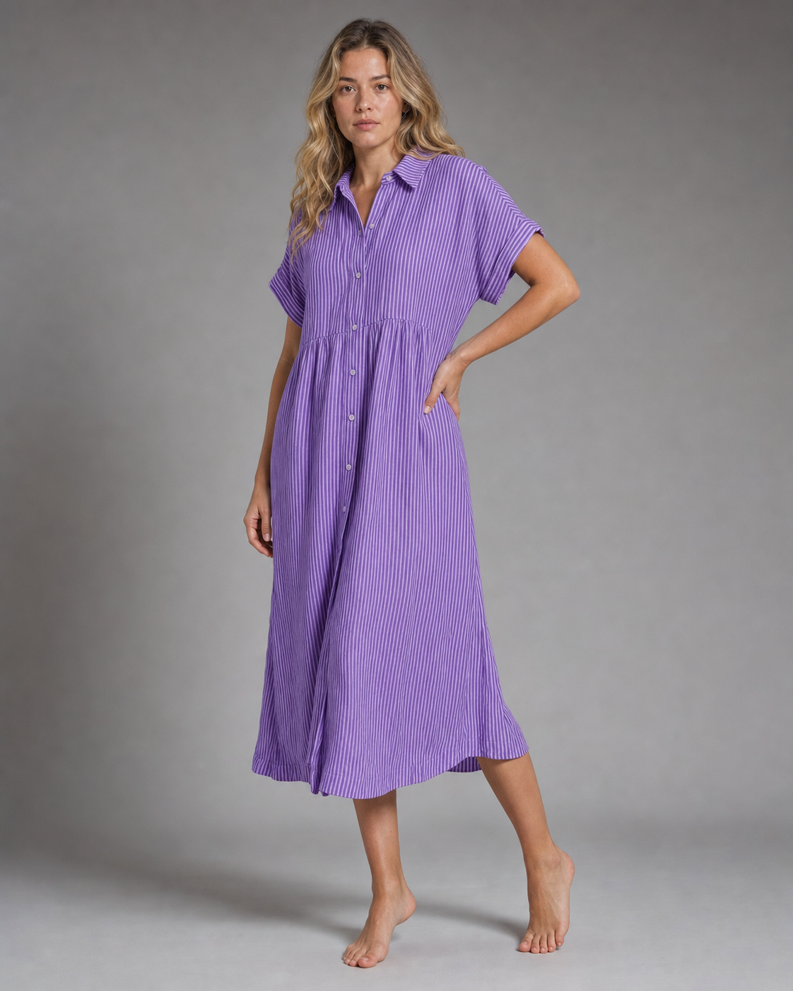 Corinne Striped Shirt | Women's Relaxed Button-Up Top — Purple — threequarter