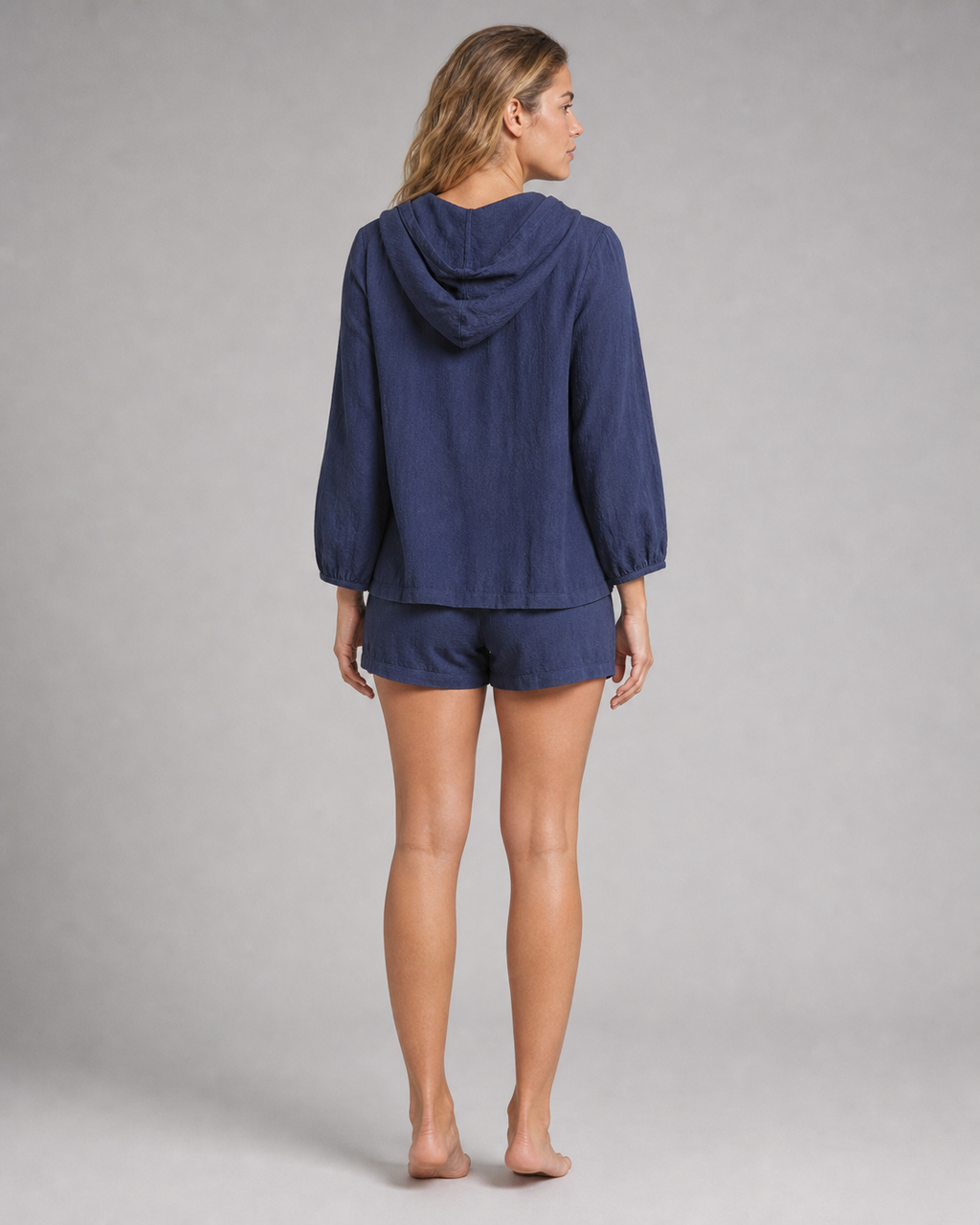 Miri Hooded Shirt | Women's Relaxed Button-Up Top — Navy Blue — back