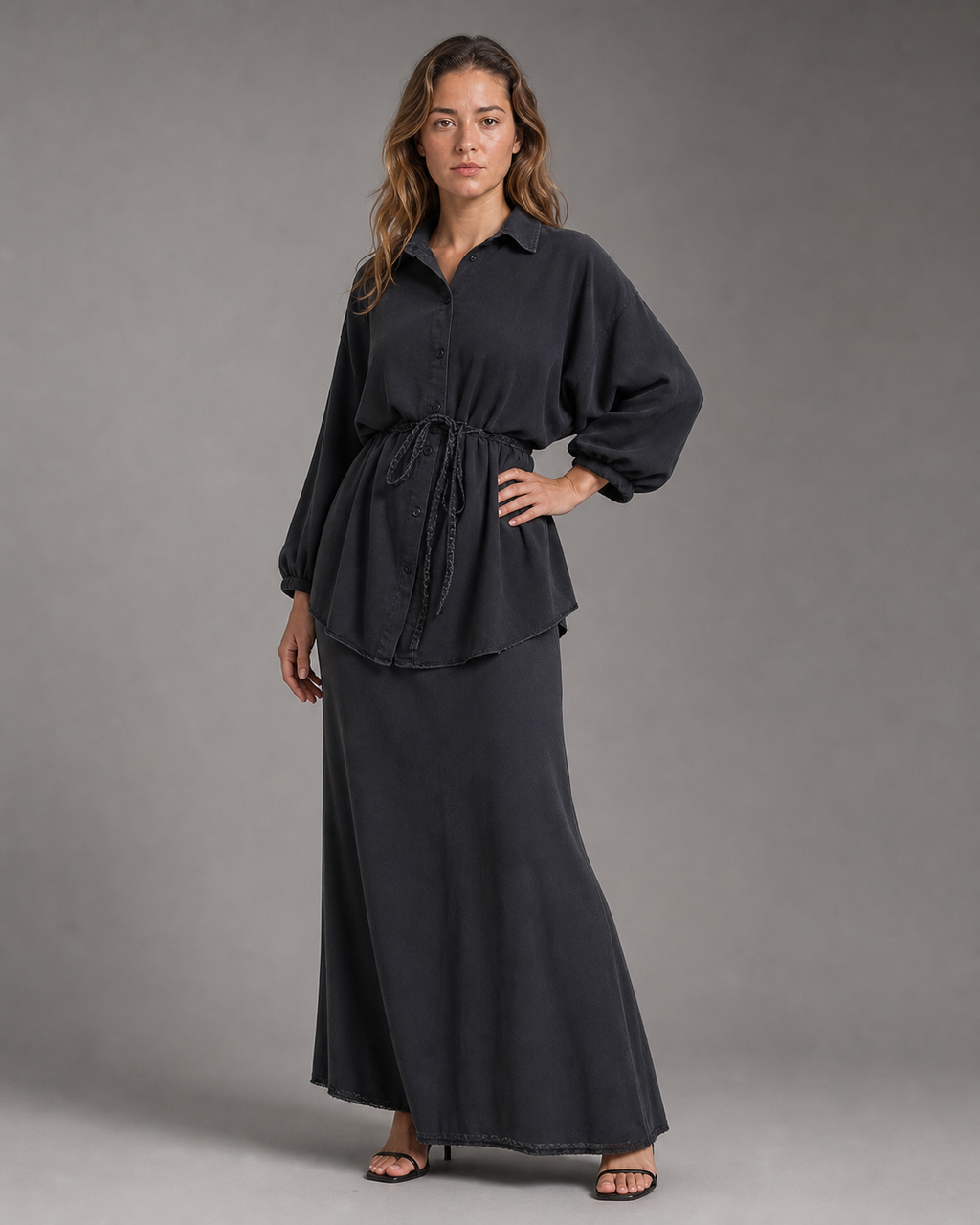 Lisa Shirt & Skirt Set | Women's Two-Piece Drawstring Co-Ord — Black — threequarter