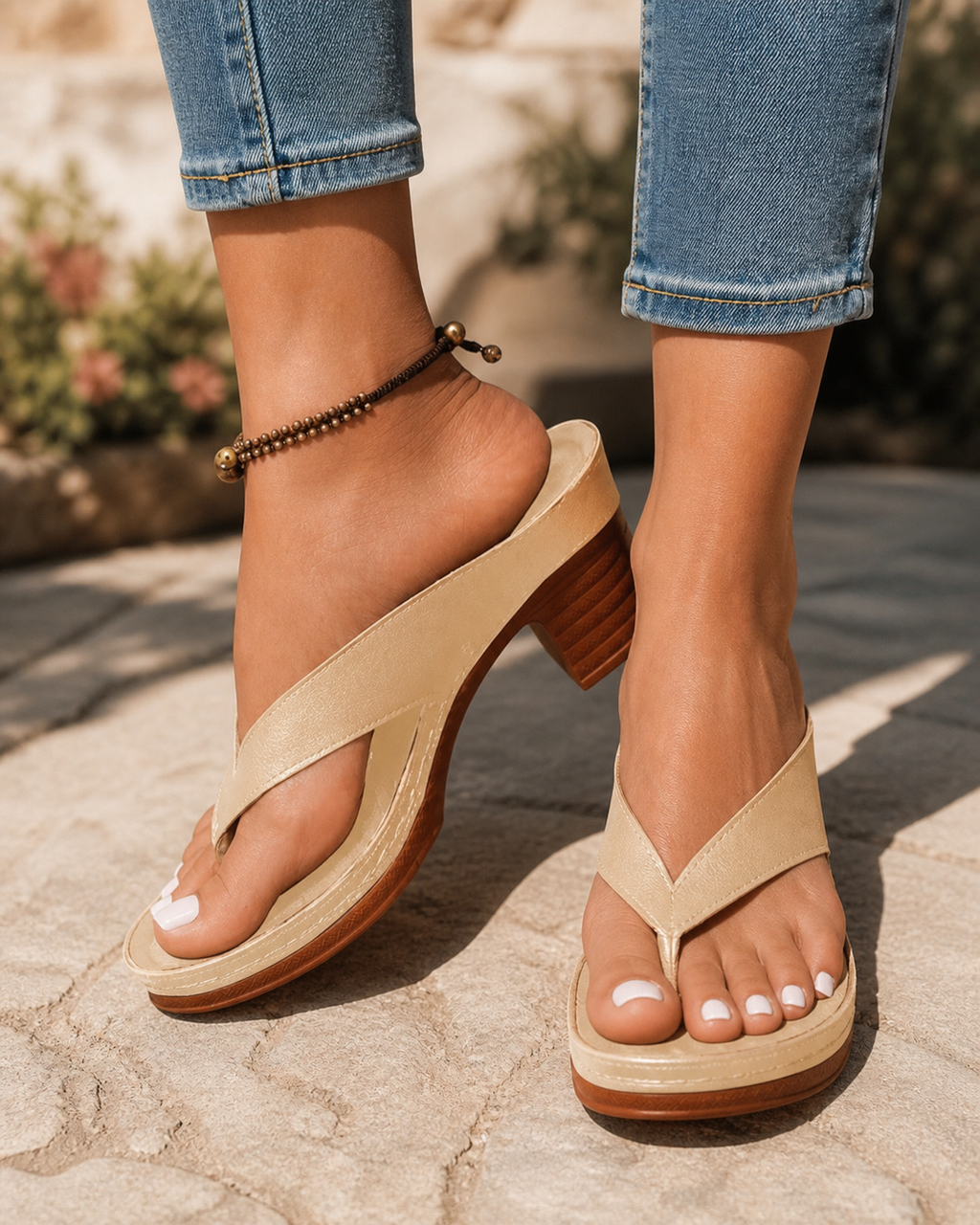 Talia Block Heel Thong Sandals | Women's Ankle-Strap Sandals — Gold — onfoot