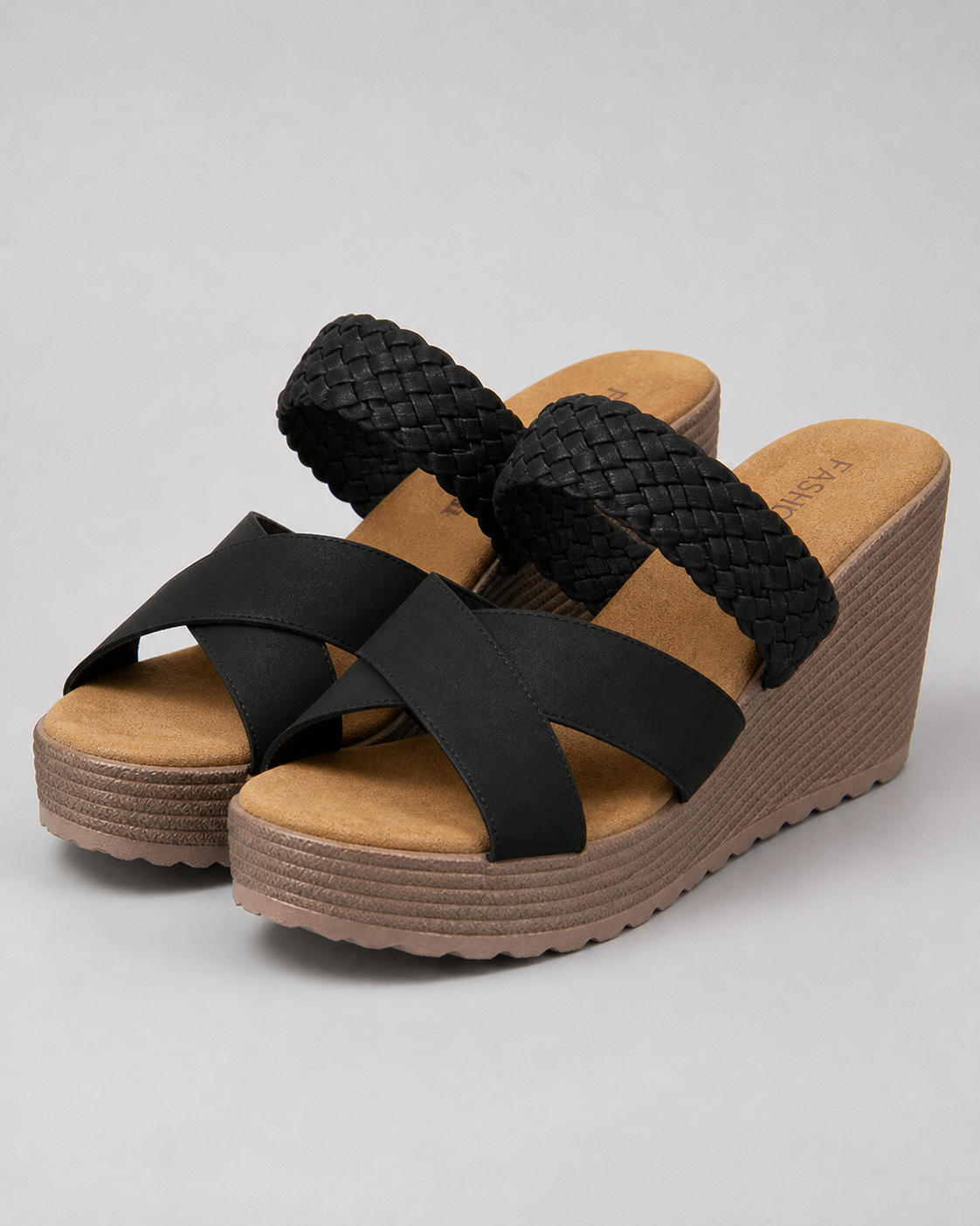 Darcey Woven Cross-Strap Sandals | Women's Cushioned Wedge Sandals — Black — hero