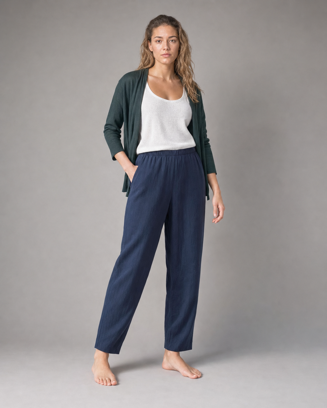 Desiree Relaxed Barrel Pants | Women's Lightweight Summer Trousers — Dark Blue — threequarter