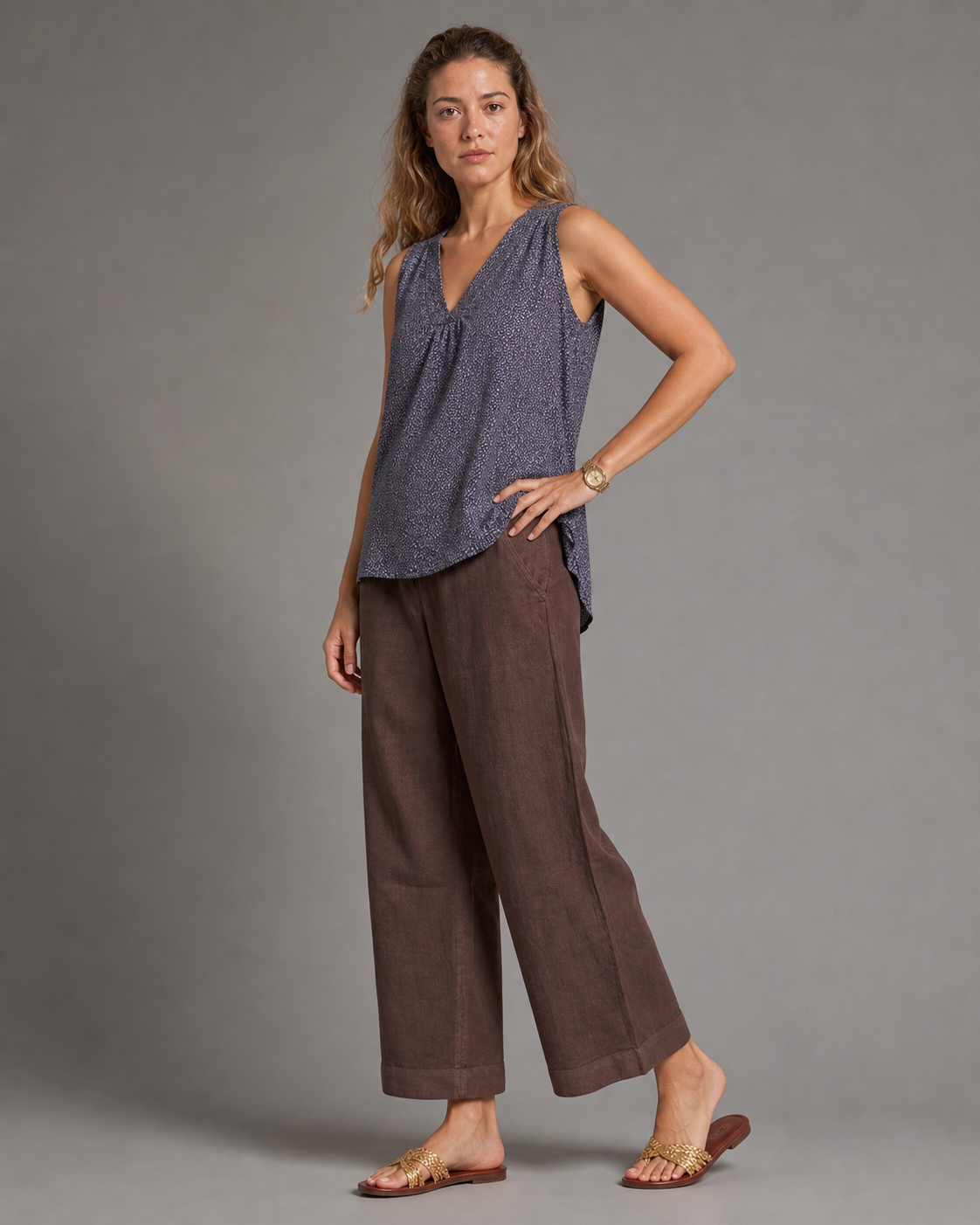 Rita Relaxed Tapered Pants | Women's Lightweight Summer Trousers — Brown — threequarter