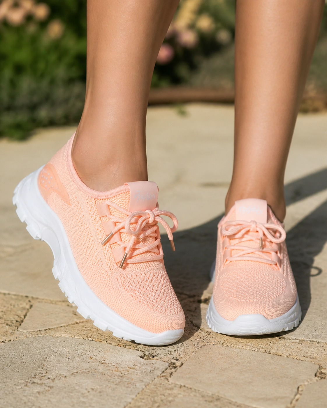 Aura Chunky-Sole Knit Trainers | Women's Lace-Up Mesh Sneakers — Peach — onfoot