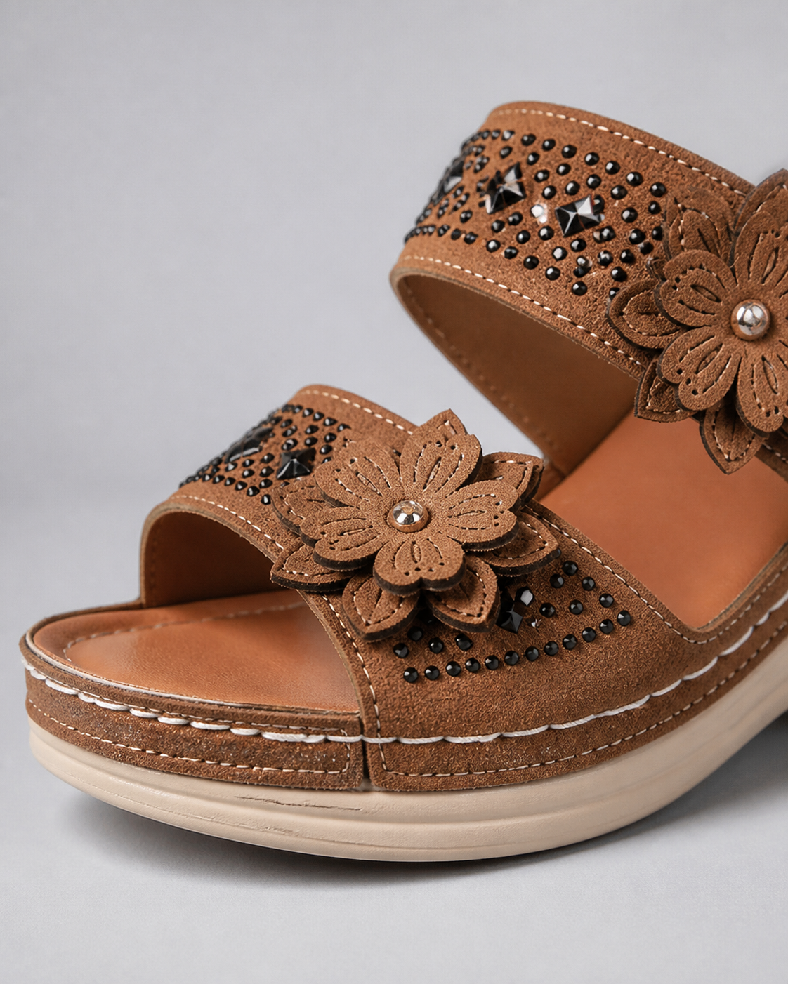 Delor Floral Wedge Slides | Women's Slip-On Platform Sandals — Light Brown — macro