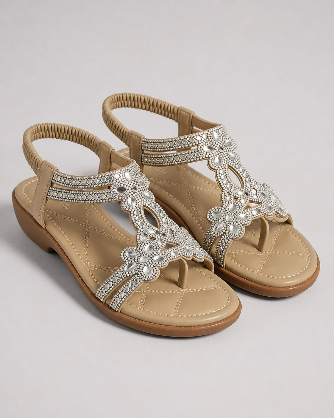 Elina Floral-Trim Flat Sandals | Women's Embellished Slingback Sandals — Beige — hero