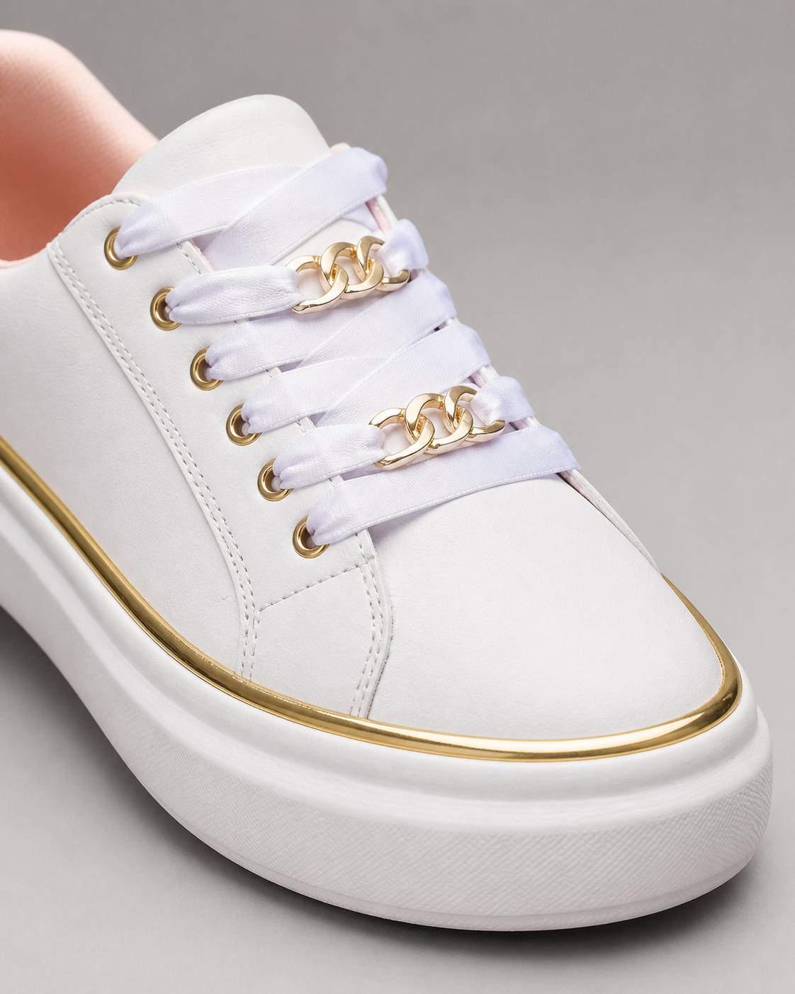 Harlow Flatform Lace-Up Sneakers | Women's Gold-Chain Trainers — White — macro