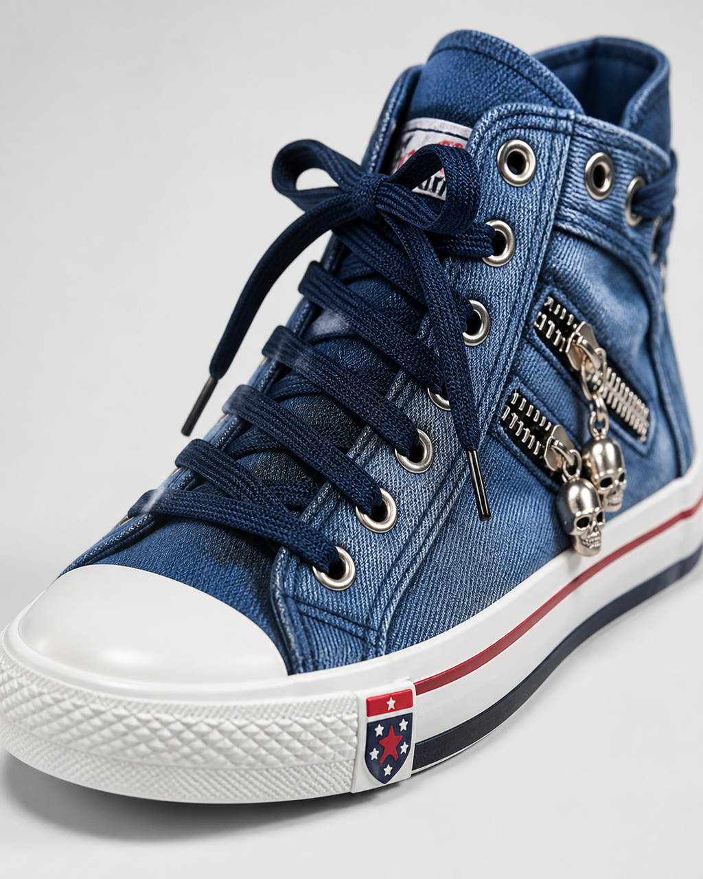 Roxy High-Top Denim Sneakers | Women's Zip Studded Trainers — Navy Blue — macro