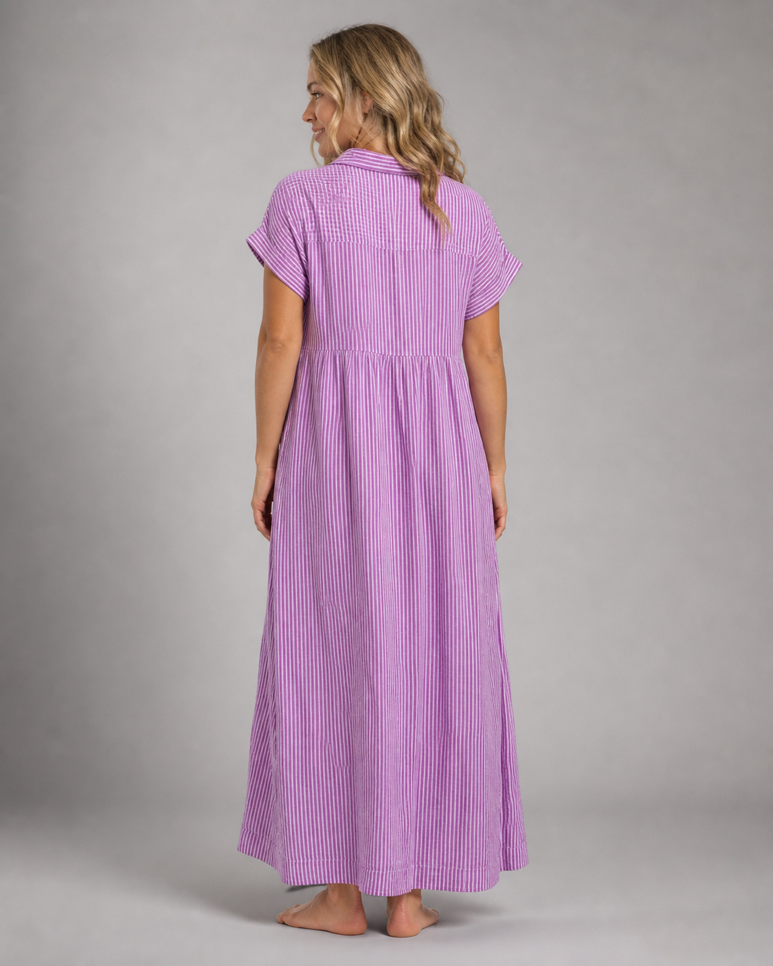 Corinne Striped Shirt | Women's Relaxed Button-Up Top — Pink — back