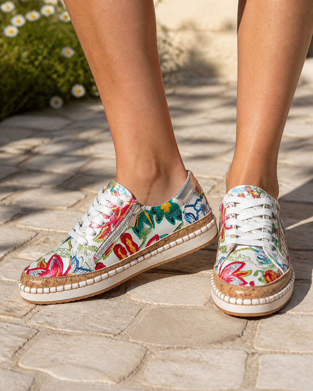 Blossom Floral Espadrille Sneakers | Women's Embroidered Zip Trainers — Red — onfoot
