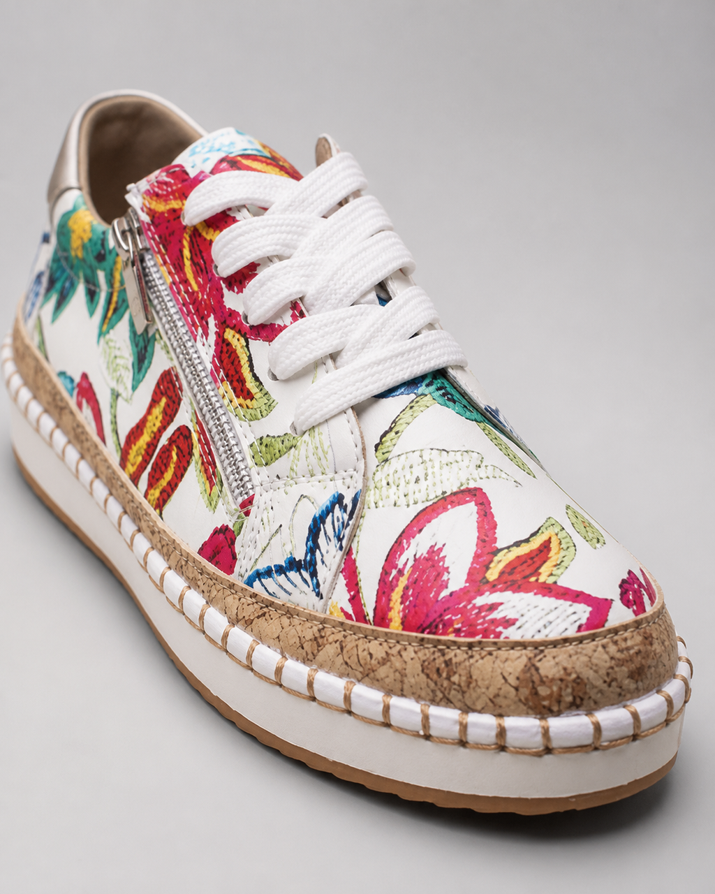 Blossom Floral Espadrille Sneakers | Women's Embroidered Zip Trainers — Red — macro