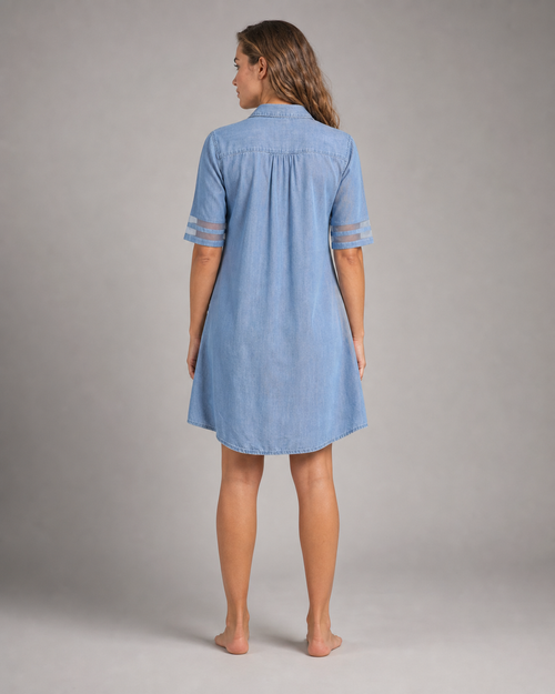 Aria Tunic Dress | Women's Relaxed Button-Front Shift — Blue — back