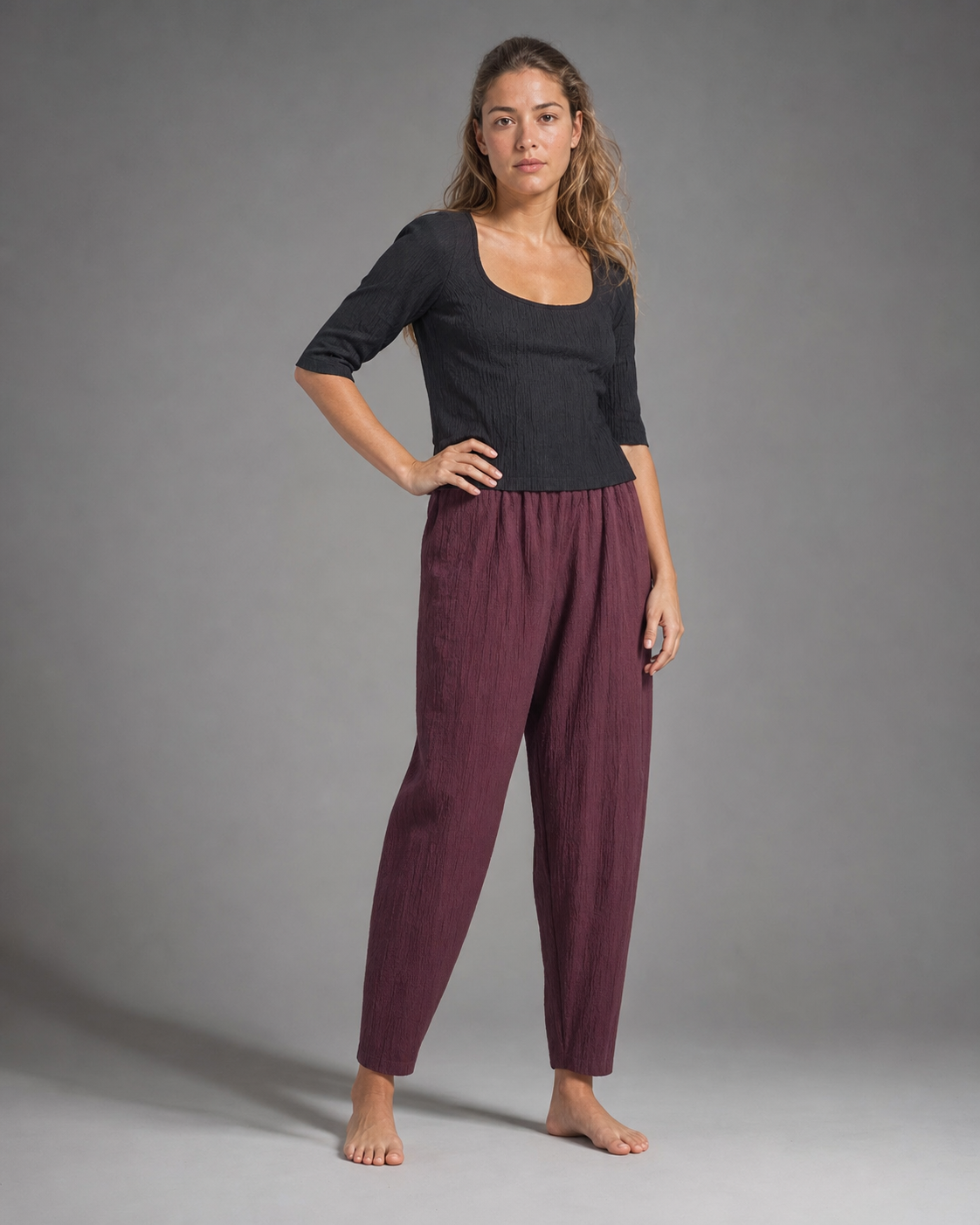 Desiree Relaxed Barrel Pants | Women's Lightweight Summer Trousers — Burgundy — threequarter