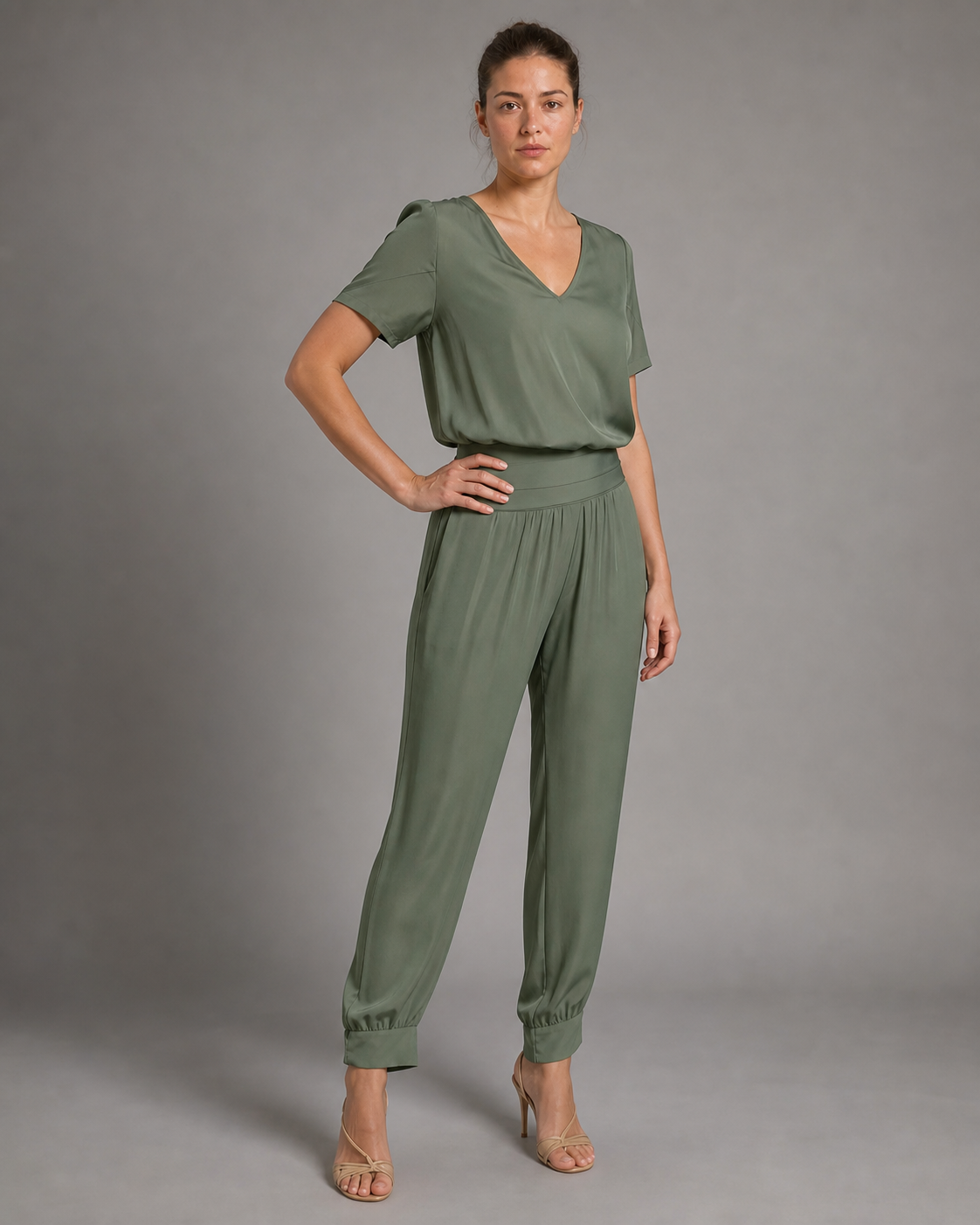 Alexandra Printed Co-Ord | Women's Two-Piece Trouser Set — Green — threequarter