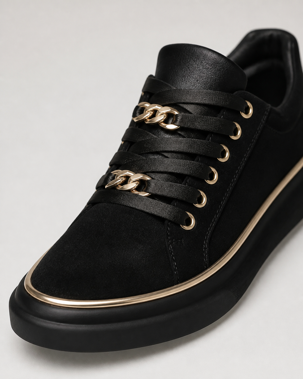 Harlow Flatform Lace-Up Sneakers | Women's Gold-Chain Trainers — Black — macro