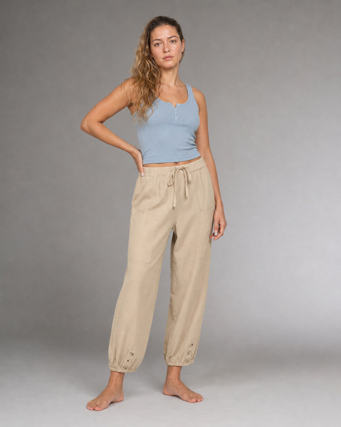 Lena High-Waist Straight Pants | Women's Relaxed Trousers — Khaki — threequarter