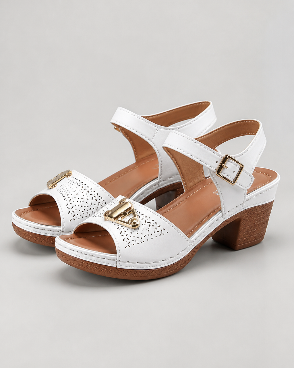 Amalfi Block Heel Sandals | Women's Strappy Buckle Heeled Sandals — White — hero