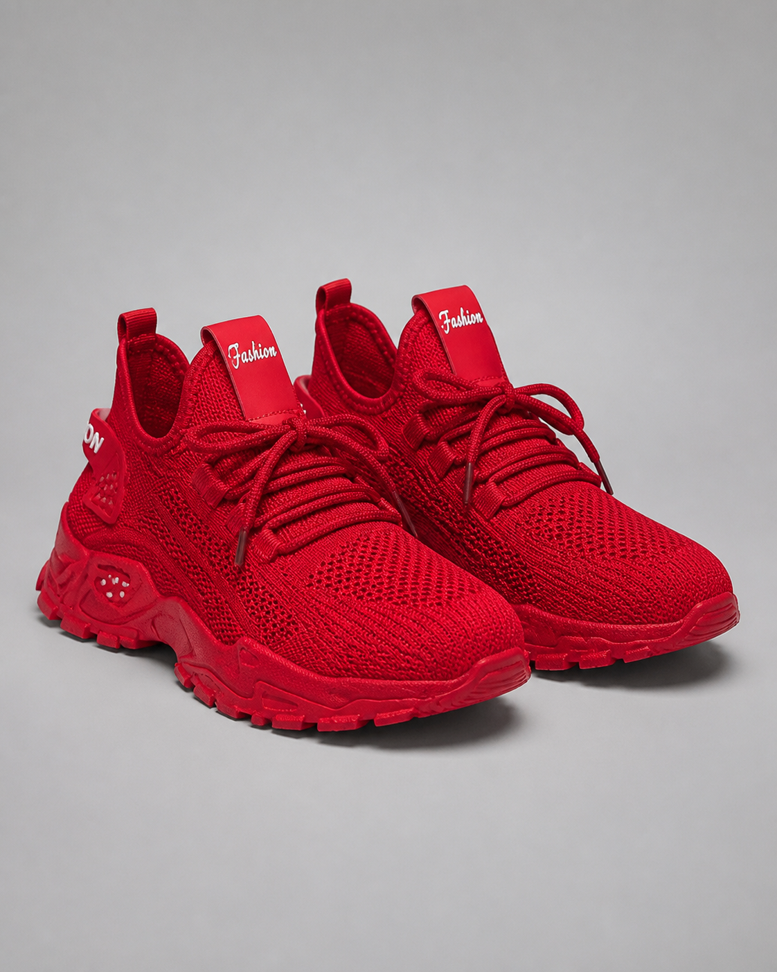 Aura Chunky-Sole Knit Trainers | Women's Lace-Up Mesh Sneakers — Red — hero