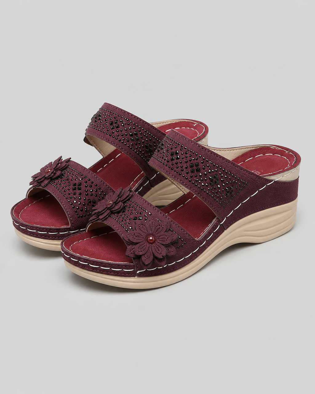 Delor Floral Wedge Slides | Women's Slip-On Platform Sandals — Burgundy — hero
