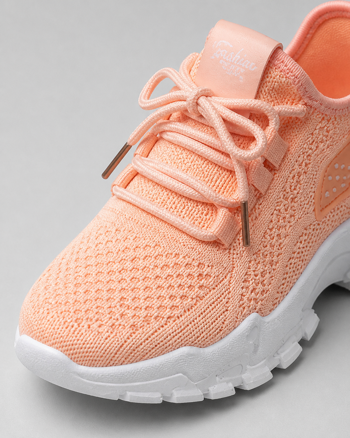 Aura Chunky-Sole Knit Trainers | Women's Lace-Up Mesh Sneakers — Peach — macro