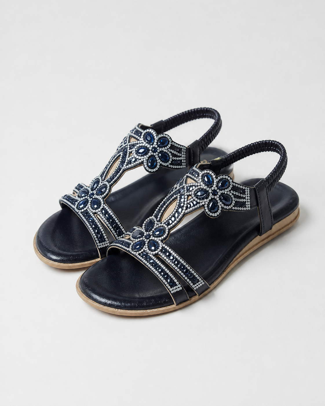 Elina Floral-Trim Flat Sandals | Women's Embellished Slingback Sandals — Blue — hero