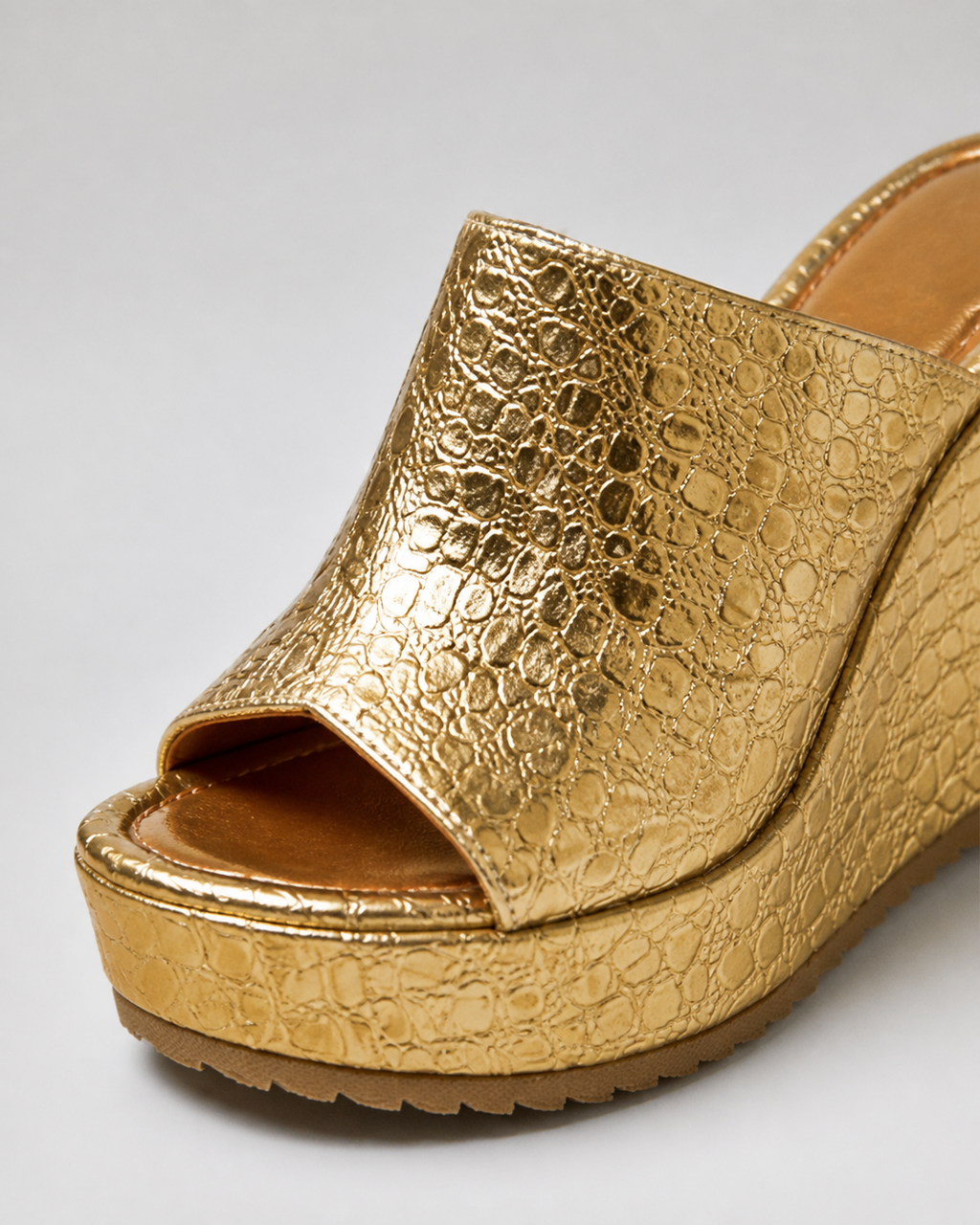 Nicolette Metallic Platform Wedge Sandals | Women's Peep-Toe Sandals — Gold — macro