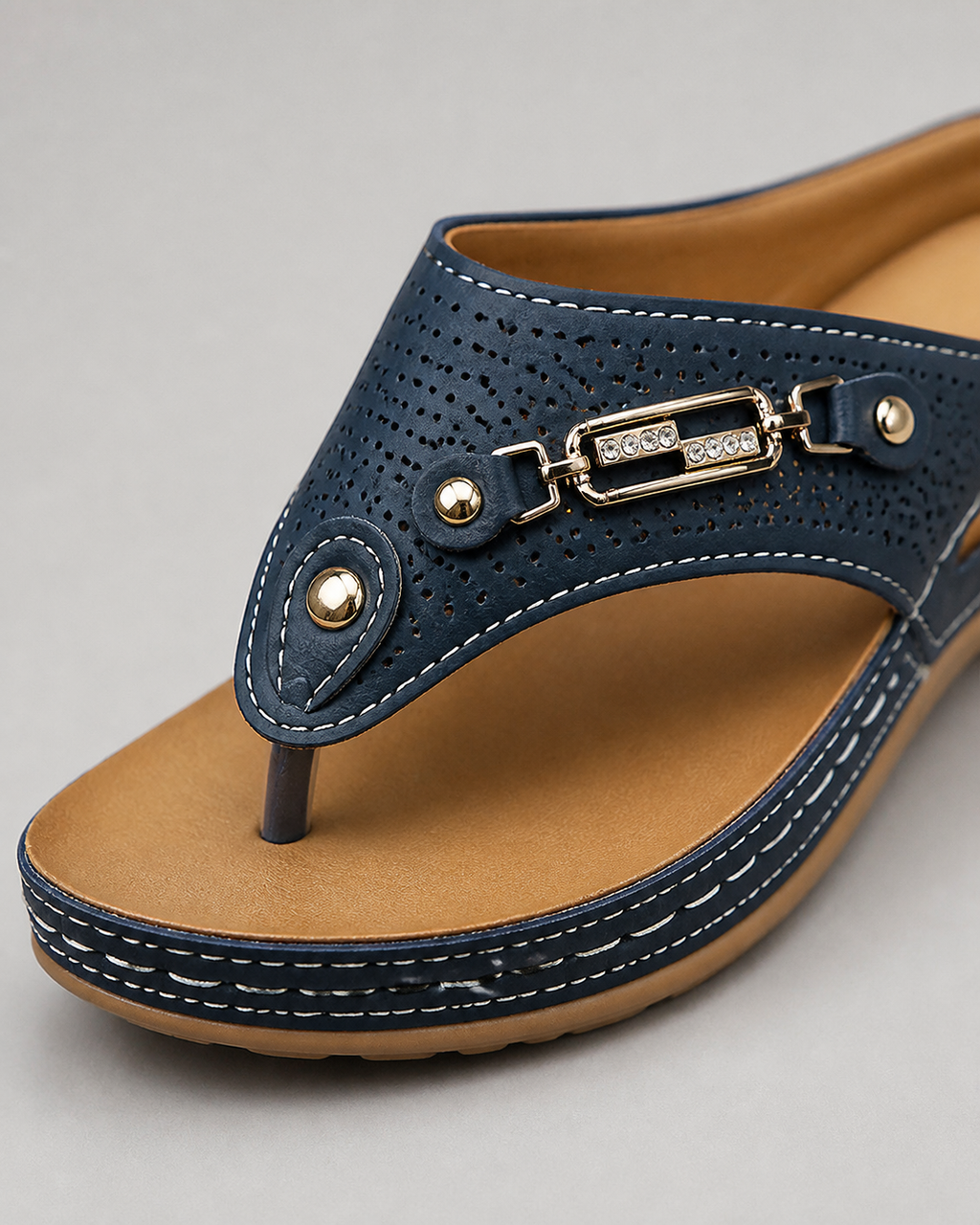 Nysa Embellished Thong Sandals | Women's Cushioned Wedge Sandals — Blue — macro