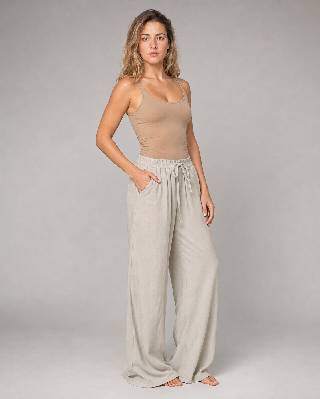 Cherry Drawstring Wide-Leg Pants | Women's Relaxed Trousers — Beige — threequarter