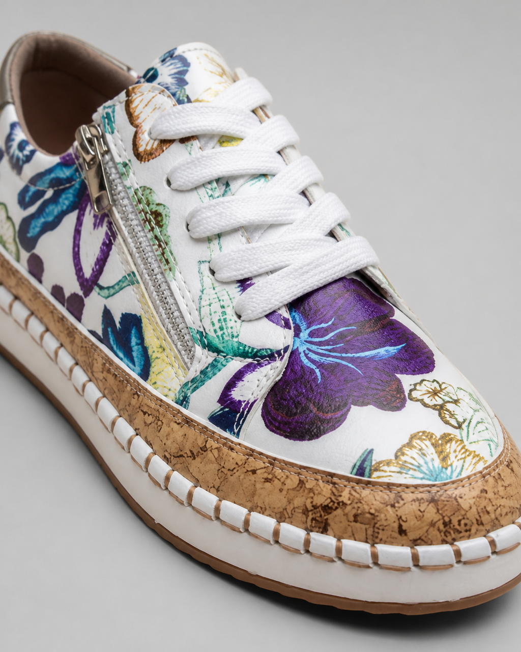 Blossom Floral Espadrille Sneakers | Women's Embroidered Zip Trainers — Blue — macro