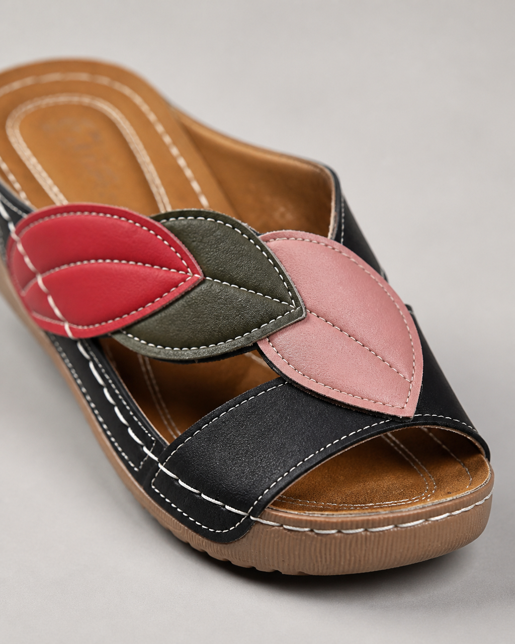 Petra Patchwork Wedge Sandals | Women's Slip-On Comfort Sandals — Black — macro