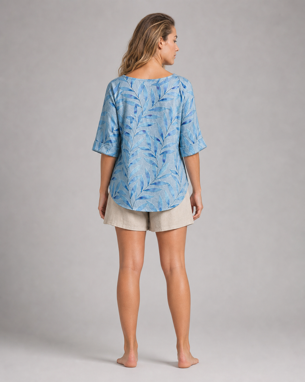 Toni Leaf Print Shirt | Women's Relaxed Roll-Sleeve Top — Blue — back