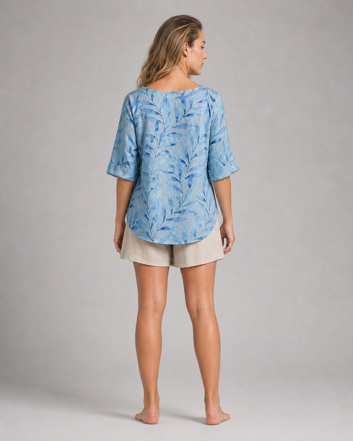 Toni Leaf Print Shirt | Women's Relaxed Roll-Sleeve Top — Blue — back