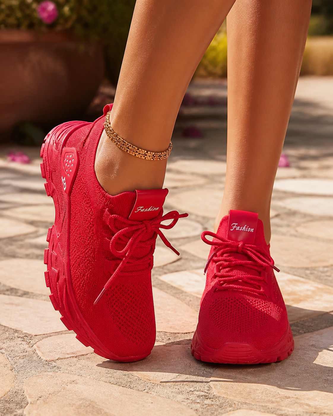 Aura Chunky-Sole Knit Trainers | Women's Lace-Up Mesh Sneakers — Red — onfoot