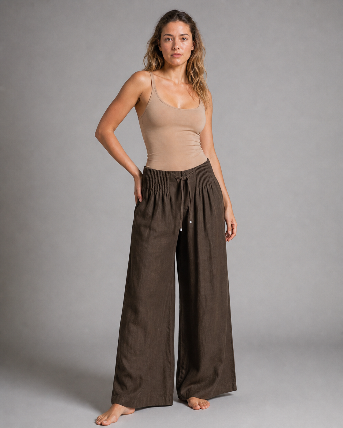 Annabelle Wide-Leg Palazzo Pants | Women's Drawstring Trousers — Coffee Brown — threequarter