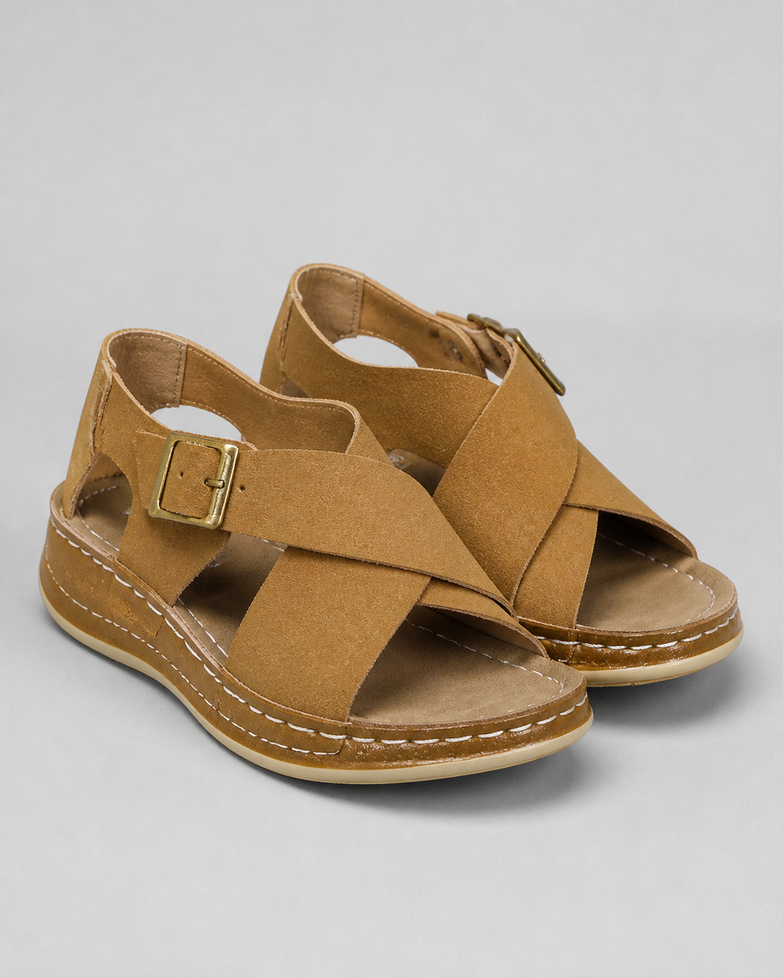 Viola Cross-Strap Wedge Sandals | Women's Cushioned Comfort Sandals — Brown — hero
