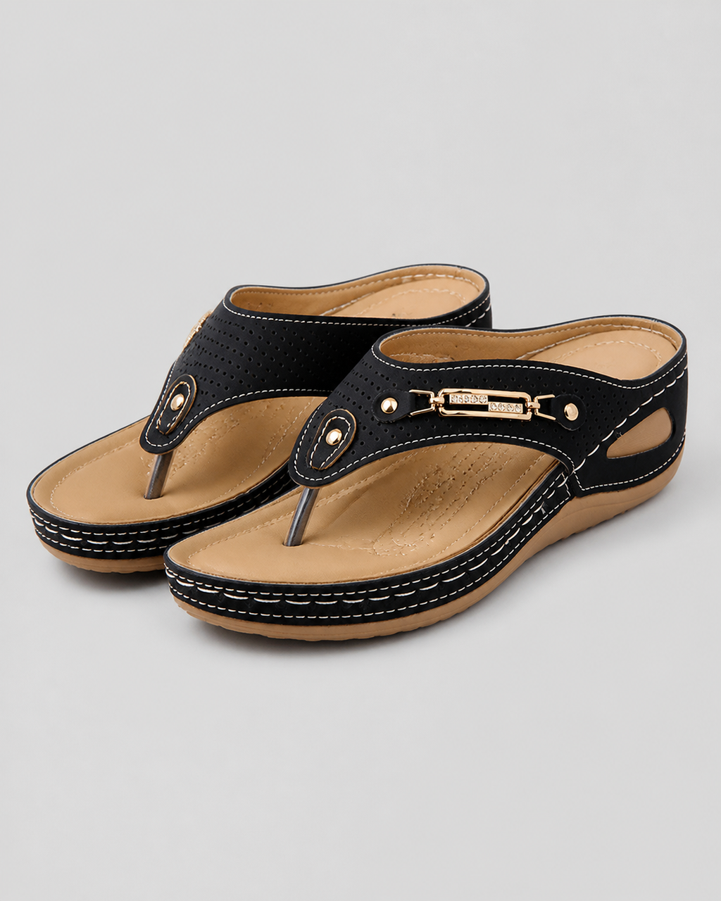 Nysa Embellished Thong Sandals | Women's Cushioned Wedge Sandals — Black — hero