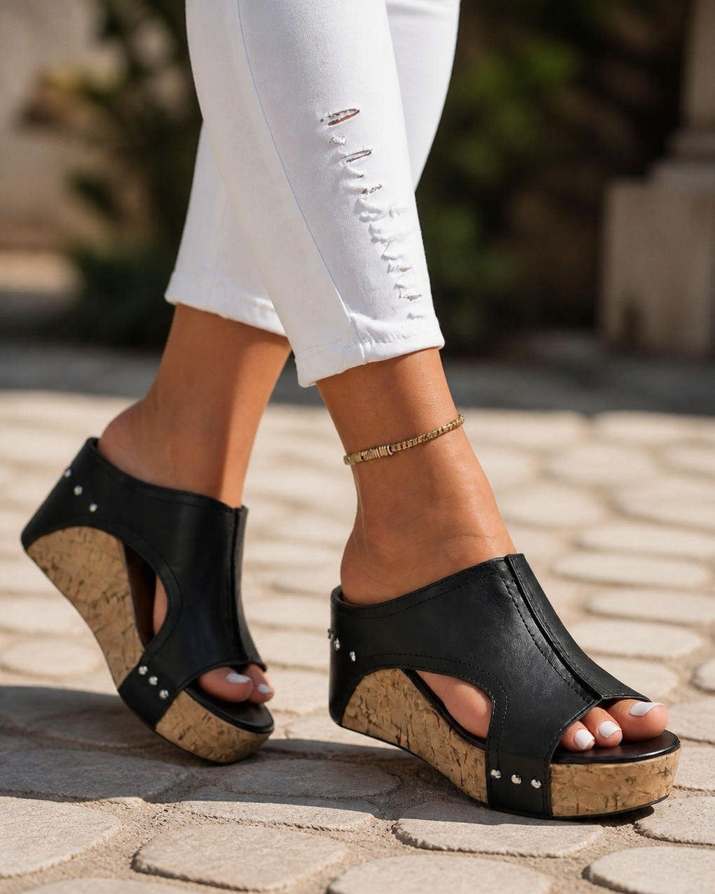 Sasha Cut-Out Wedge Slides | Women's Cork Platform Sandals — Black — onfoot