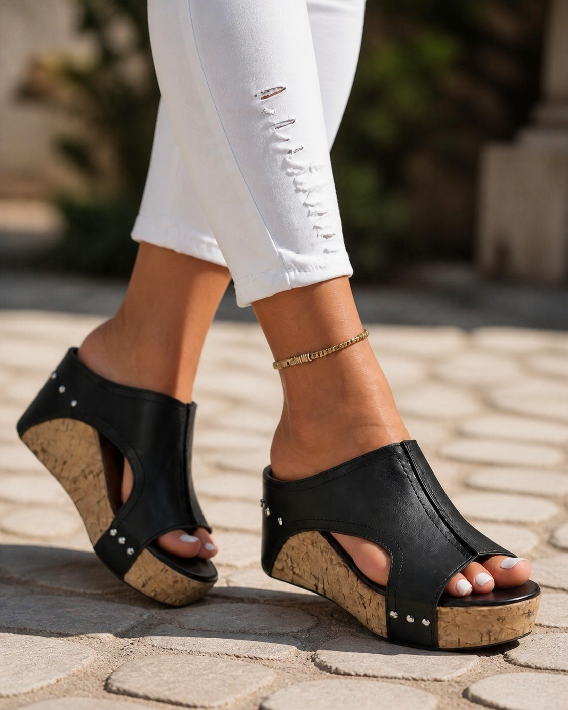 Sasha Cut-Out Wedge Slides | Women's Cork Platform Sandals — Black — onfoot