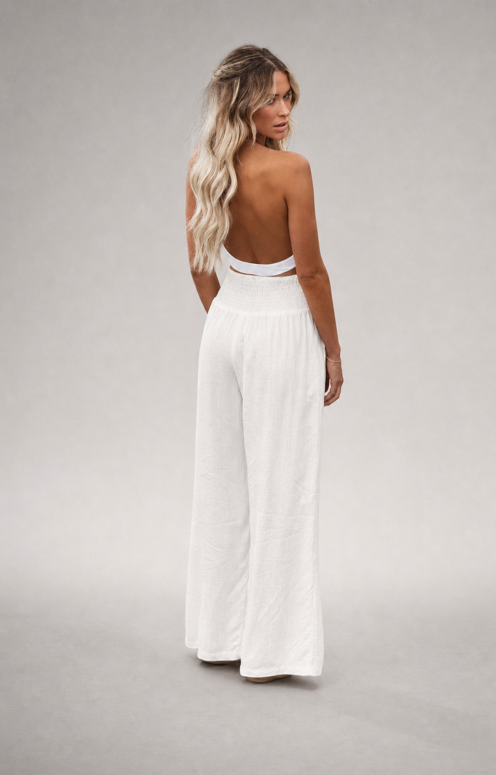 Susan Smocked Wide-Leg Pants | Women's Flowing Beach Trousers — White — back