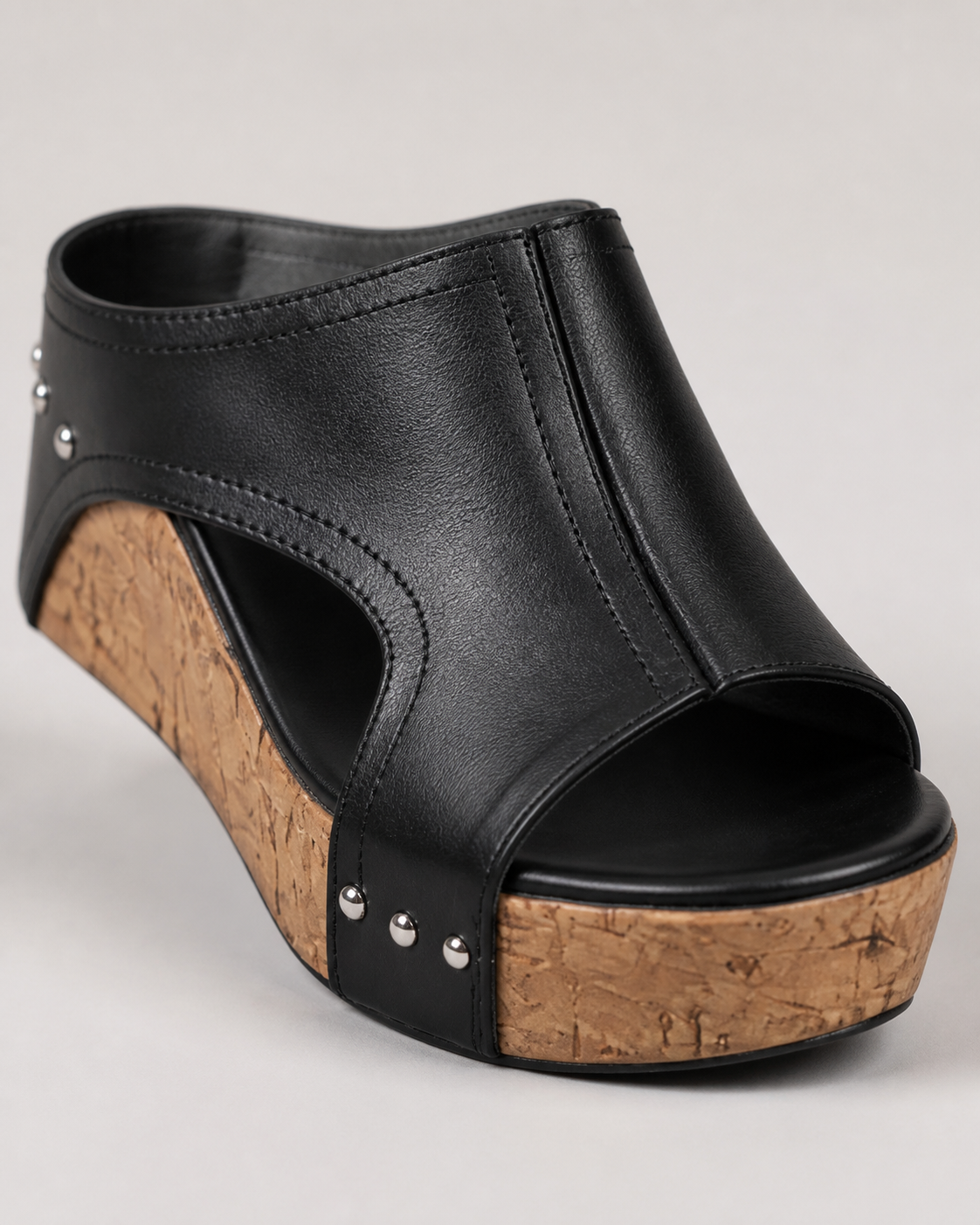 Sasha Cut-Out Wedge Slides | Women's Cork Platform Sandals — Black — macro