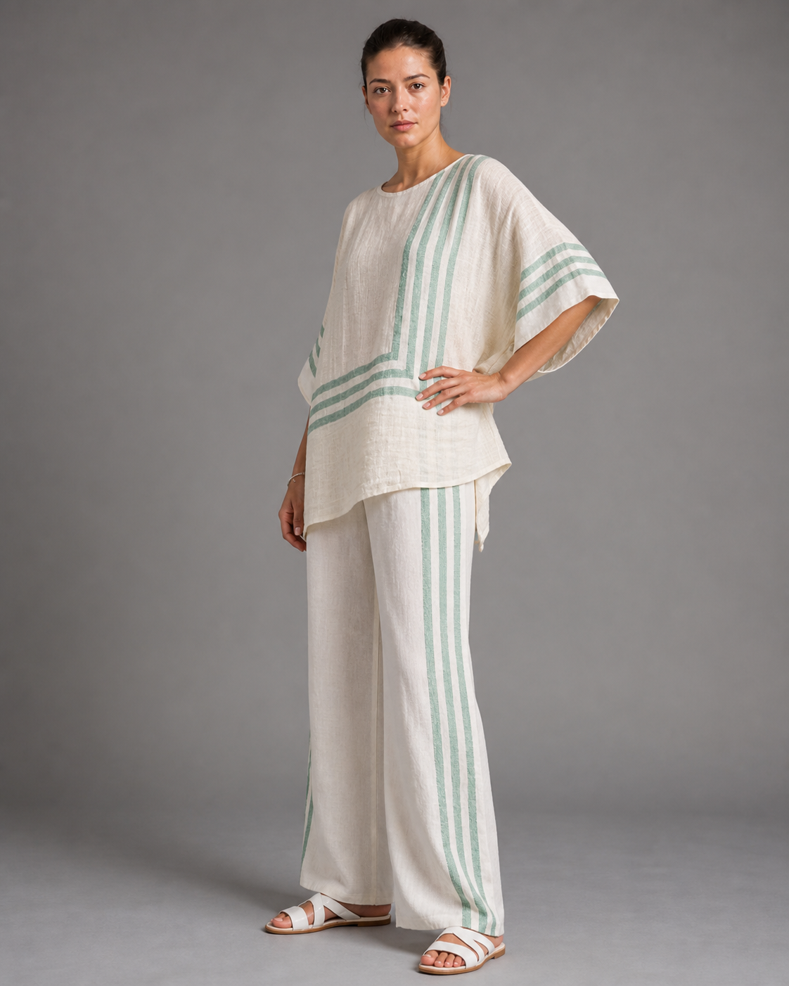 Molly Striped Co-Ord | Women's Two-Piece Wide-Leg Set — White — threequarter