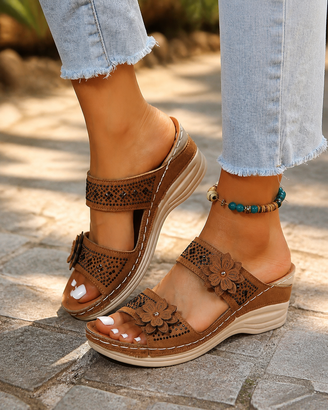 Delor Floral Wedge Slides | Women's Slip-On Platform Sandals — Light Brown — onfoot